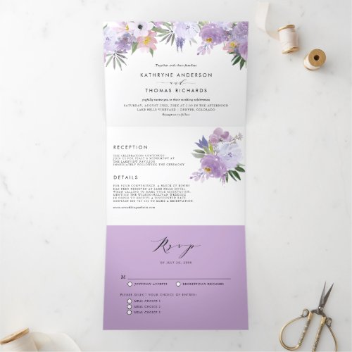 Watercolor Dusty Purple Flowers Botanical Wedding Tri_Fold Invitation