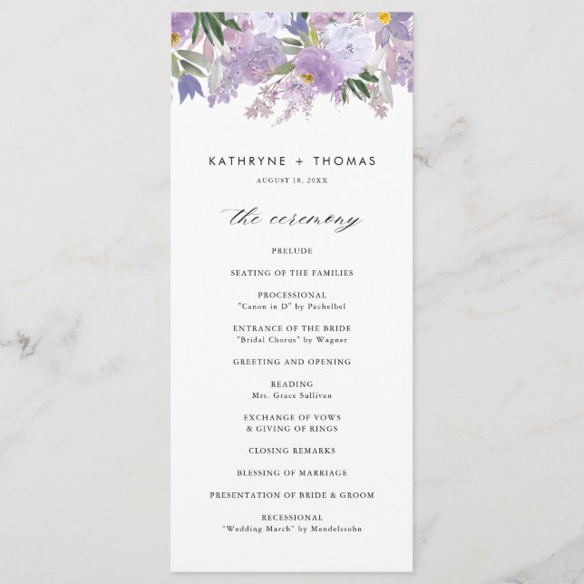 Watercolor Dusty Purple Flowers Wedding Ceremony Program (Front)