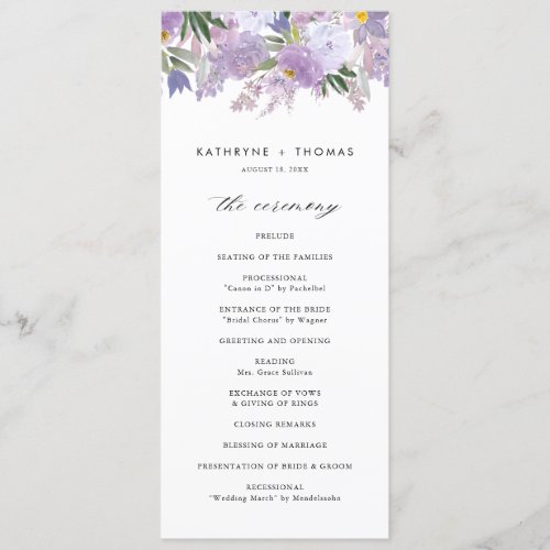 Watercolor Dusty Purple Flowers Wedding Ceremony Program