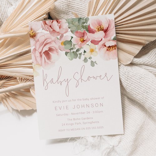 Watercolor Dusty Rose Beautiful Baby Shower Invitation