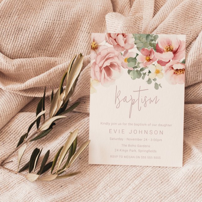 Watercolor Dusty Rose Beautiful Baptism Invitation (Creator Uploaded)