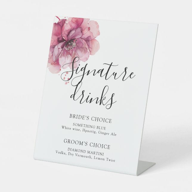 Watercolor Dusty Rose Floral Signature Drinks Pedestal Sign (Front)
