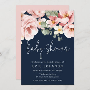 Watercolor Dusty Rose Navy Baby Shower Invitation