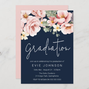 Watercolor Dusty Rose Navy Graduation Invitation