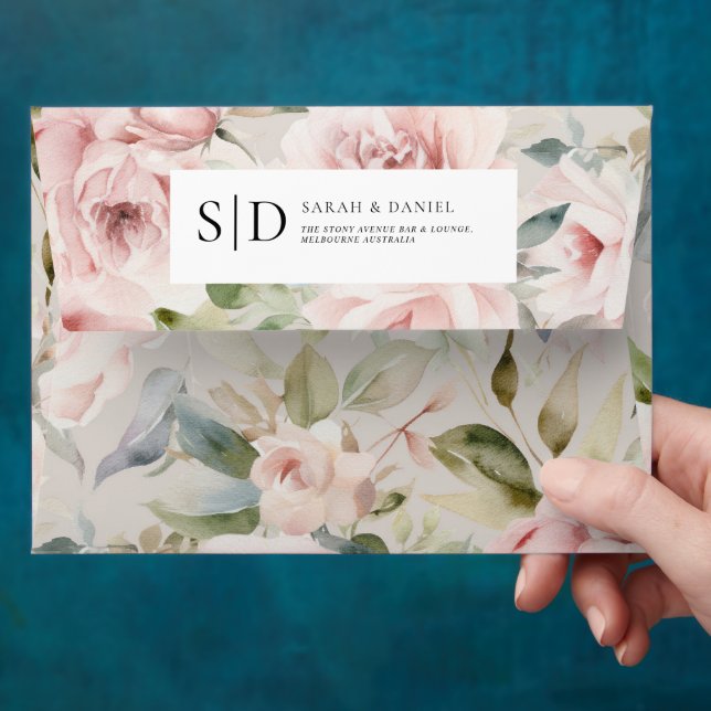 Watercolor Dusty Rose Pink Wedding  Envelope (Hand)