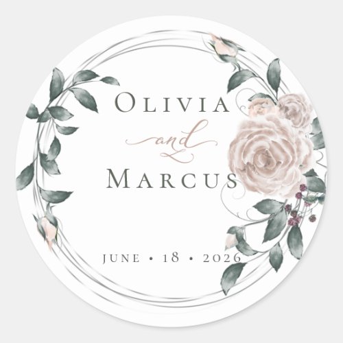 Watercolor Dusty Rose Silver Frame Classic Round Sticker