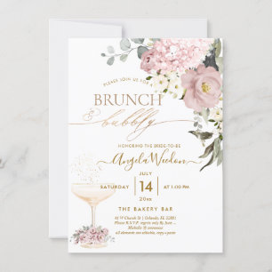 Watercolor Dusty Roses Hydrangea Brunch Bubbly  Invitation