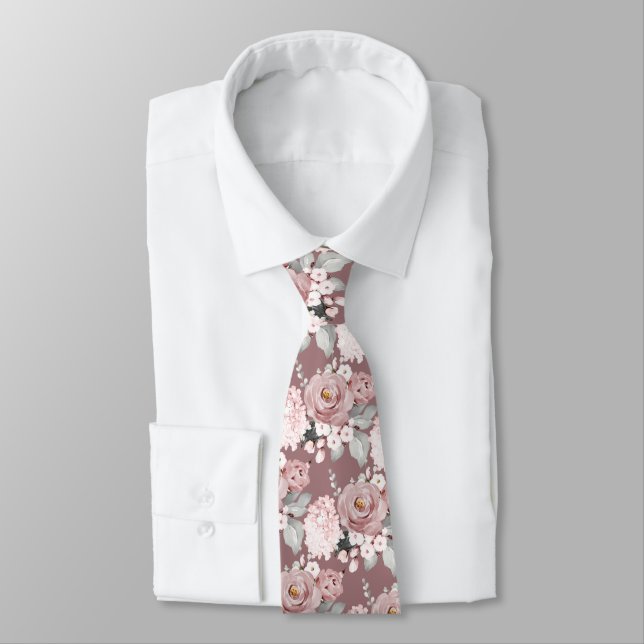 Watercolor Dusty Roses Hydrangeas DIY Mauve Neck Tie (Tied)