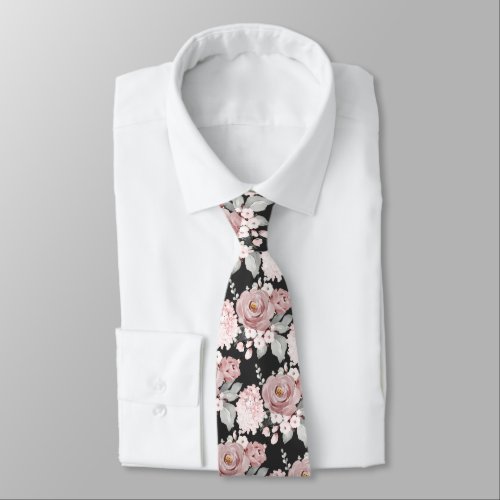 Watercolor Dusty Roses Hydrangeas Neck Tie