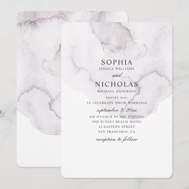 Watercolor dusty wedding. Elegant simple lavender Invitation (Front/Back)