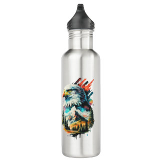 Watercolor Eagle & Mountain Landscape Art Stainless Steel Water Bottle