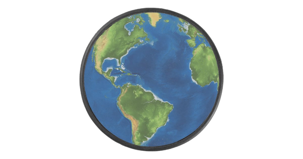 Watercolor Earth globe geography funny 3D illusion Hockey Puck | Zazzle