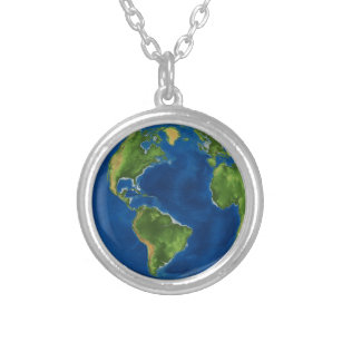 Watercolor Earth globe geography funny 3D illusion Silver Plated Necklace