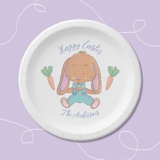 Watercolor Easter Brown Bunny White Paper Plate (Adorable watercolor bunny Easter paper plate .)