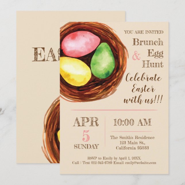 Watercolor Easter Brunch and Egg Hunt Invitation. Invitation (Front/Back)