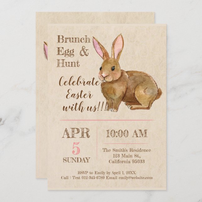 Watercolor Easter Brunch and Egg Hunt Invitation. Invitation (Front/Back)