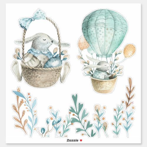 Watercolor Easter Bunnies Baskets White or Clear Sticker
