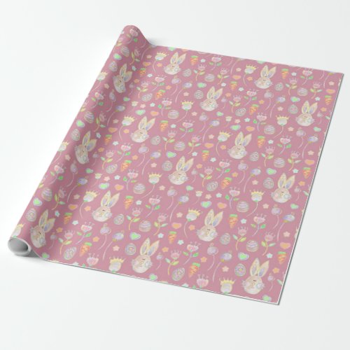 Watercolor Easter Bunnies  Blooms on Pastel Pink Wrapping Paper