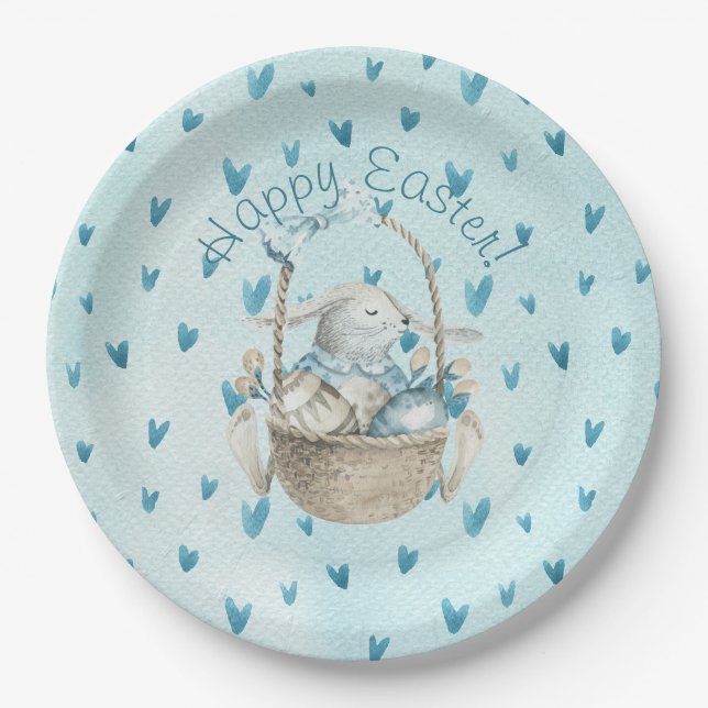 Watercolor Easter Bunny and Basket Paper Plates (Front)
