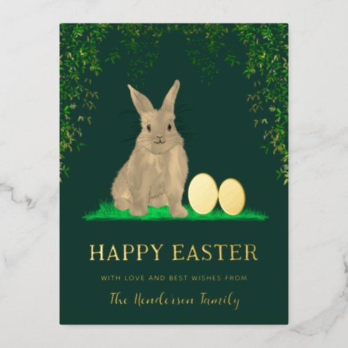 Watercolor Easter Bunny and Eggs Green Gold Foil Holiday Postcard