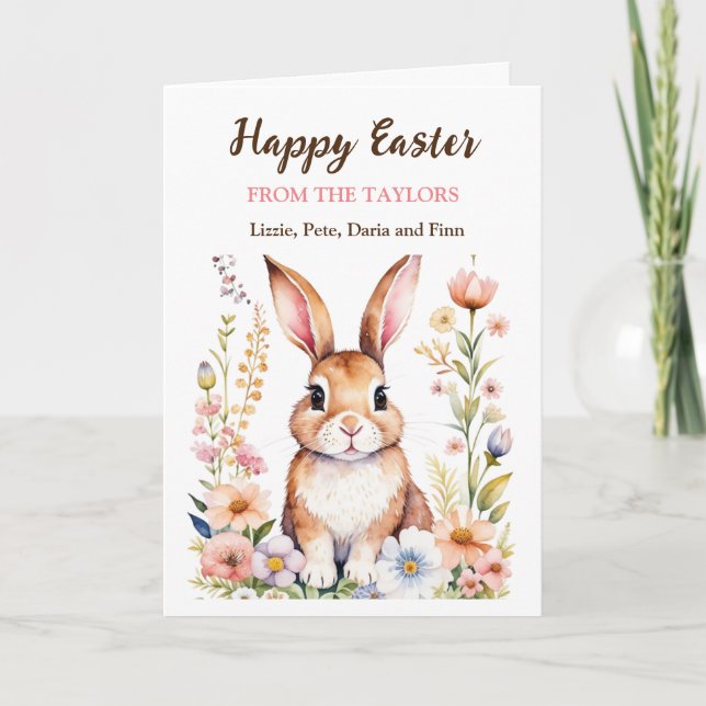 Watercolor Easter Bunny and Flowers Personalized Card (Front)