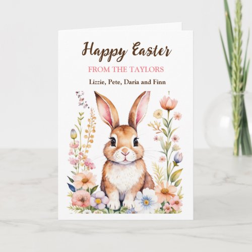 Watercolor Easter Bunny and Flowers Personalized Card