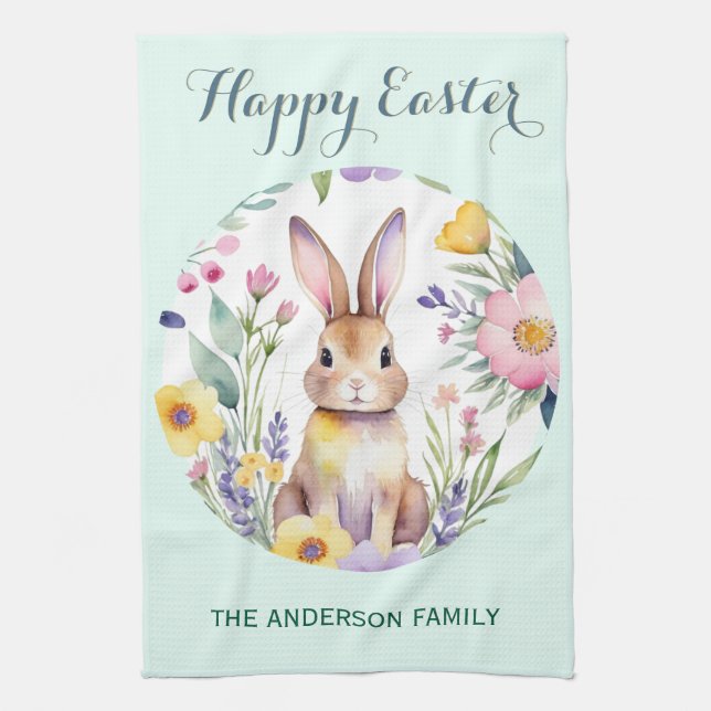 Watercolor Easter Bunny and Flowers Personalized Kitchen Towel (Vertical)