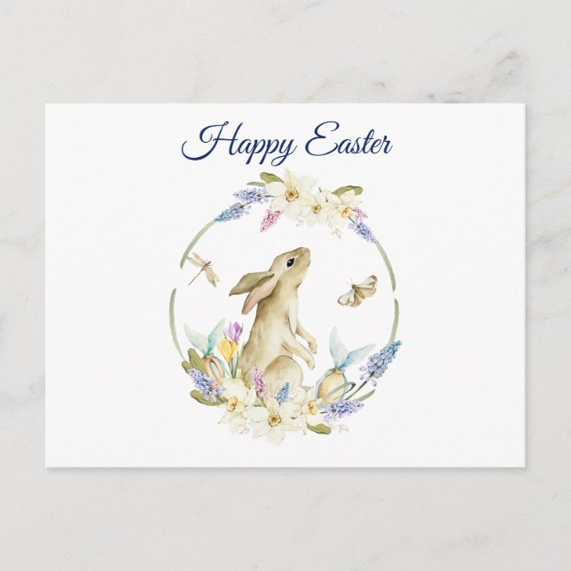 Watercolor Easter Bunny and Spring Flowers  Holiday Postcard (Front)