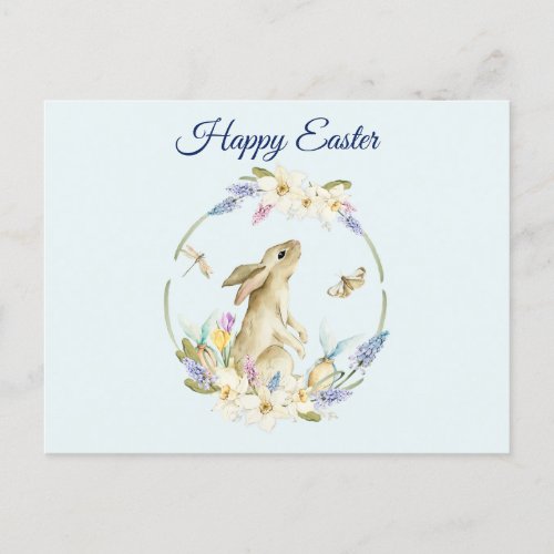 Watercolor Easter Bunny and Spring Flowers  Holiday Postcard