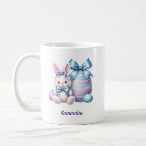 Watercolor Easter bunny blue egg and purple bow Coffee Mug