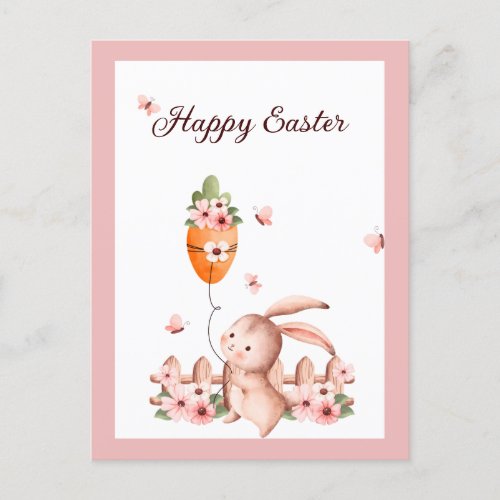 Watercolor Easter Bunny Carrot Balloon Butterfly Postcard