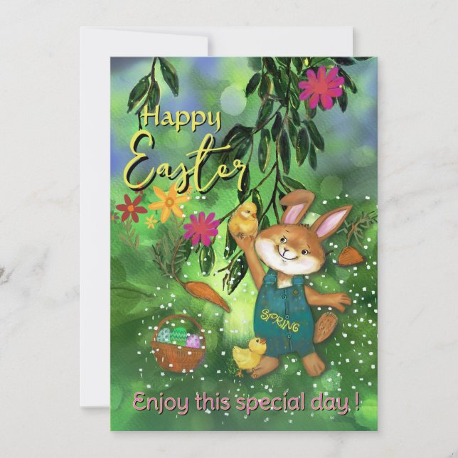 Watercolor Easter Bunny Chicken Custom Message  Holiday Card (Front)