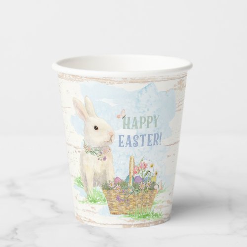 Watercolor Easter Bunny Egg Basket Rustic Wood Paper Cups