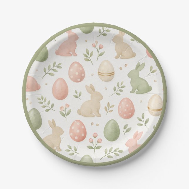 Watercolor Easter Bunny & Eggs Pastel Party Paper Plates (Front)