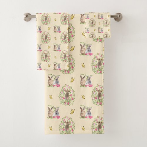 Watercolor Easter Bunny Floral Easter Egg Bath Towel Set