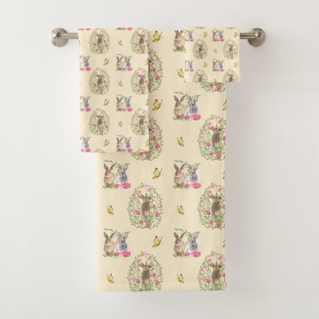 Watercolor Easter Bunny Floral Easter Egg Bath Towel Set (Insitu)