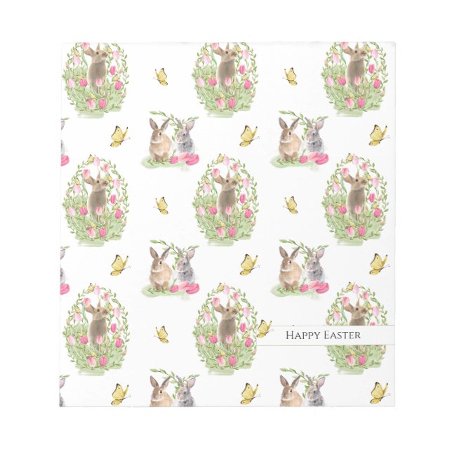 Watercolor Easter Bunny Floral Easter Egg Notepad (Front)
