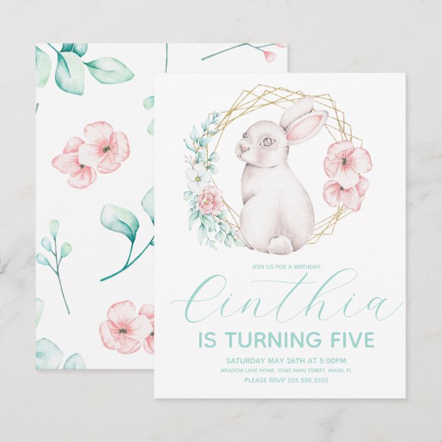 Watercolor Easter Bunny Floral Gold Wreath Invitation (Front/Back)