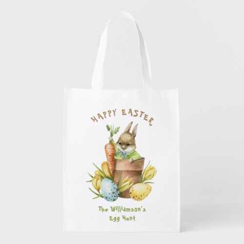Watercolor Easter bunny Garden Pot Custom Egg Hunt Grocery Bag