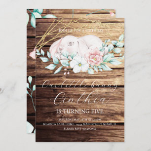 Watercolor Easter Bunny Girl Floral Birthday Wood Invitation