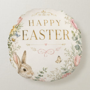 Watercolor Easter Bunny Greeting Card, Pastel Round Pillow