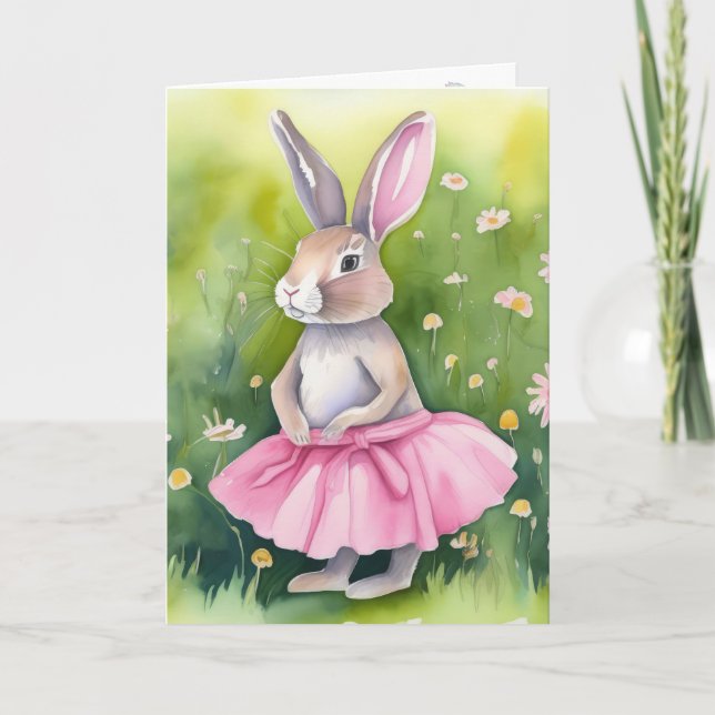 Watercolor Easter Bunny In Pink Tutu Holiday Card (Front)