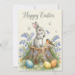Watercolor Easter Bunny in Spring Meadow Holiday Card