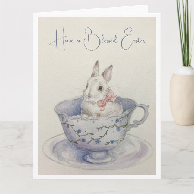 Watercolor Easter Bunny in Teacup Folded Greeting  Card (Front)