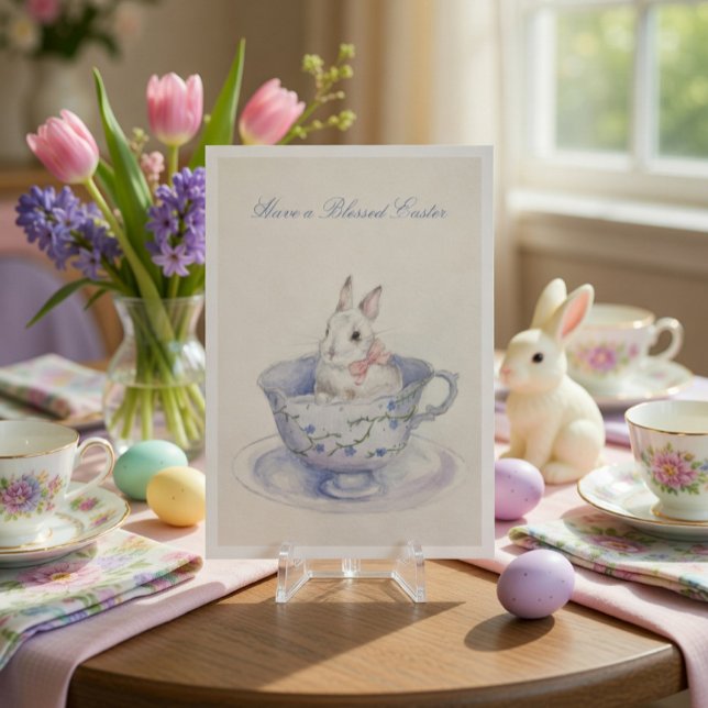 Watercolor Easter Bunny in Teacup Folded Holiday  Card (Creator Uploaded)
