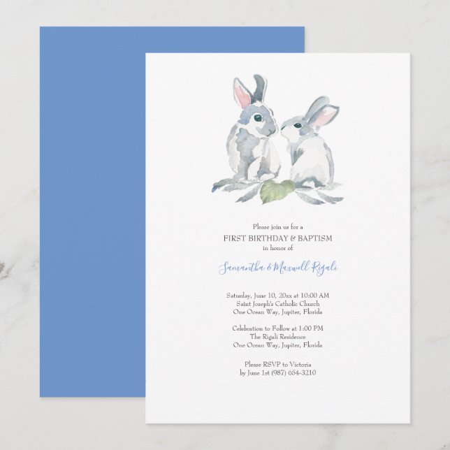 Watercolor Easter Bunny Invitations Boy Birthday (Front/Back)