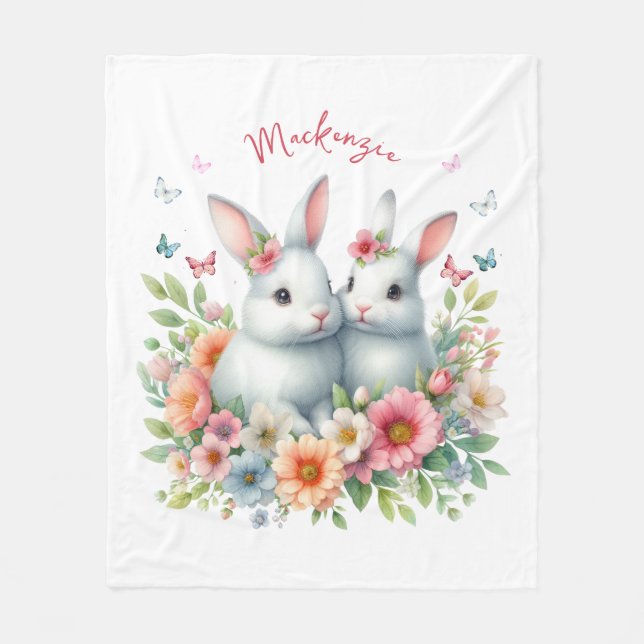 Watercolor Easter Bunny Personalized Fleece Blanket (Front)