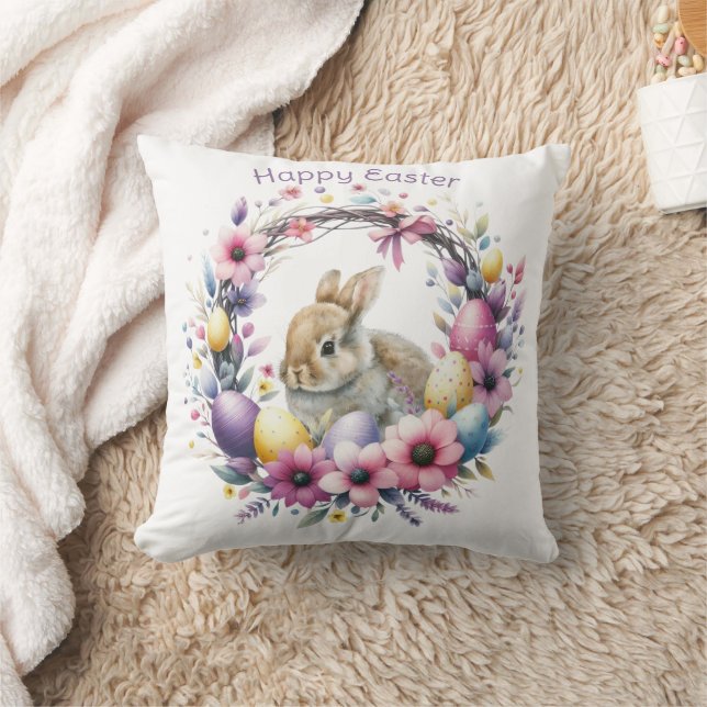 Watercolor Easter Bunny Personalized Throw Pillow (Blanket)