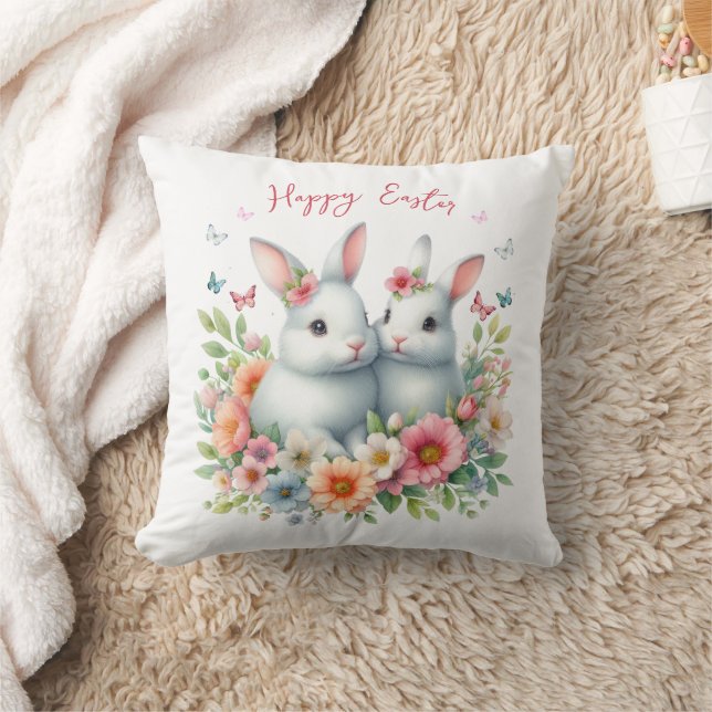 Watercolor Easter Bunny Personalized Throw Pillow (Blanket)