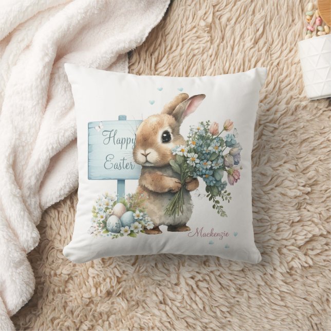 Watercolor Easter Bunny Personalized Throw Pillow (Blanket)